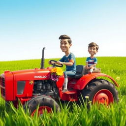 A whimsical scene featuring Cristiano Ronaldo driving a bright red tractor across a lush green field