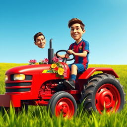 A whimsical scene featuring Cristiano Ronaldo driving a bright red tractor across a lush green field