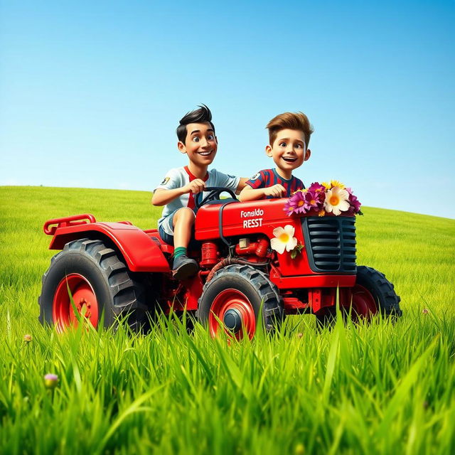 A whimsical scene featuring Cristiano Ronaldo driving a bright red tractor across a lush green field