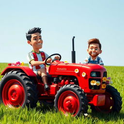 A whimsical scene featuring Cristiano Ronaldo driving a bright red tractor across a lush green field