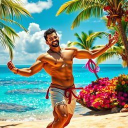 A muscular man resembling a heroic figure dancing joyfully on a tropical island, celebrating the culture with vibrant moves