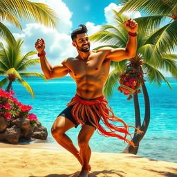 A muscular man resembling a heroic figure dancing joyfully on a tropical island, celebrating the culture with vibrant moves