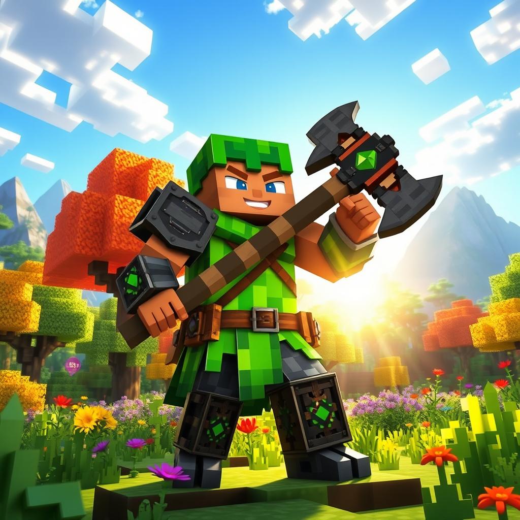 A Minecraft player character dressed in vibrant green balbass and intricate Nedraiti armor, wielding a large, detailed axe