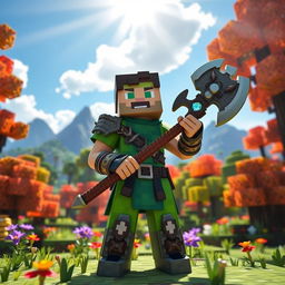 A Minecraft player character dressed in vibrant green balbass and intricate Nedraiti armor, wielding a large, detailed axe