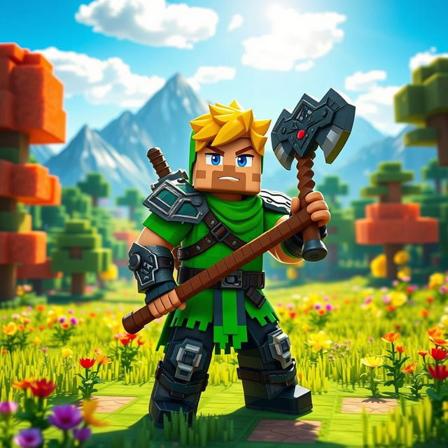 A Minecraft player character dressed in vibrant green balbass and intricate Nedraiti armor, wielding a large, detailed axe