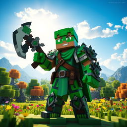 A Minecraft player character dressed in vibrant green balbass and intricate Nedraiti armor, wielding a large, detailed axe