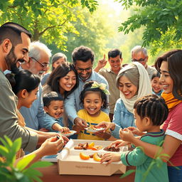 A heartwarming scene depicting a diverse group of people engaging in acts of kindness, such as helping each other, sharing food, and smiling