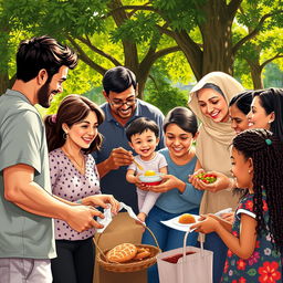 A heartwarming scene depicting a diverse group of people engaging in acts of kindness, such as helping each other, sharing food, and smiling
