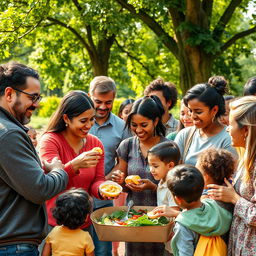 A heartwarming scene depicting a diverse group of people engaging in acts of kindness, such as helping each other, sharing food, and smiling