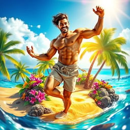 A muscular man resembling a heroic figure joyfully dancing around a vibrant tropical island, showcasing island culture