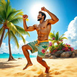 A muscular man resembling a heroic figure joyfully dancing around a vibrant tropical island, showcasing island culture