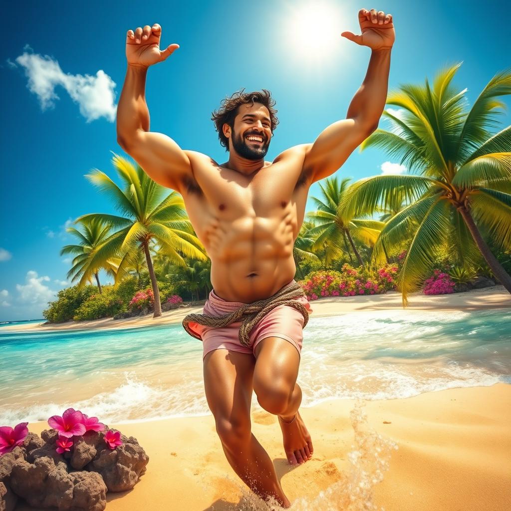 A muscular man resembling a heroic figure joyfully dancing around a vibrant tropical island, showcasing island culture