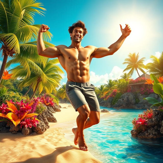 A muscular man resembling a heroic figure joyfully dancing around a vibrant tropical island, showcasing island culture