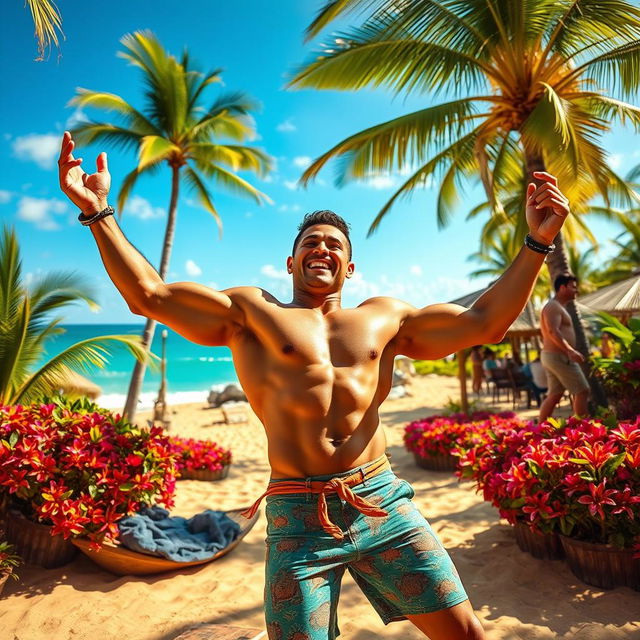 A muscular man resembling a heroic figure joyfully dancing around a vibrant tropical island, celebrating the culture with lively movements