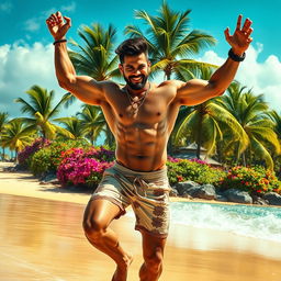 A muscular man resembling a heroic figure joyfully dancing around a vibrant tropical island, celebrating the culture with lively movements