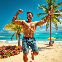 A muscular man resembling a heroic figure joyfully dancing around a vibrant tropical island, celebrating the culture with lively movements