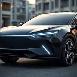 A contemporary and elegant car design with a focus on avant-garde aesthetics, featuring a sleek black exterior with a smooth, sporty finish
