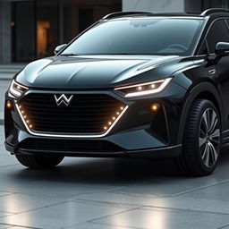 A contemporary and elegant car design with a focus on avant-garde aesthetics, featuring a sleek black exterior with a smooth, sporty finish