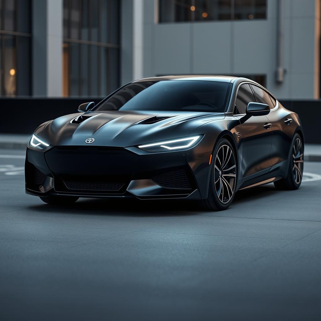 A contemporary and elegant car design with a focus on avant-garde aesthetics, featuring a sleek black exterior with a smooth, sporty finish