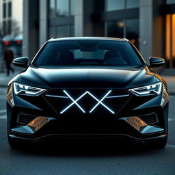 A contemporary and elegant car design with a focus on avant-garde aesthetics, featuring a sleek black exterior with a smooth, sporty finish
