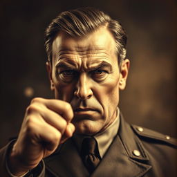 A realistic portrait of a historically inspired figure, resembling a stern leader in a historical context, set in an aggressive pose