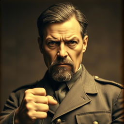 A realistic portrait of a historically inspired figure, resembling a stern leader in a historical context, set in an aggressive pose