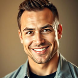 A full-bodied man with chiseled facial features, showcasing strong jawline, high cheekbones, and a confident smile