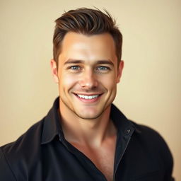 A full-bodied man with chiseled facial features, showcasing strong jawline, high cheekbones, and a confident smile