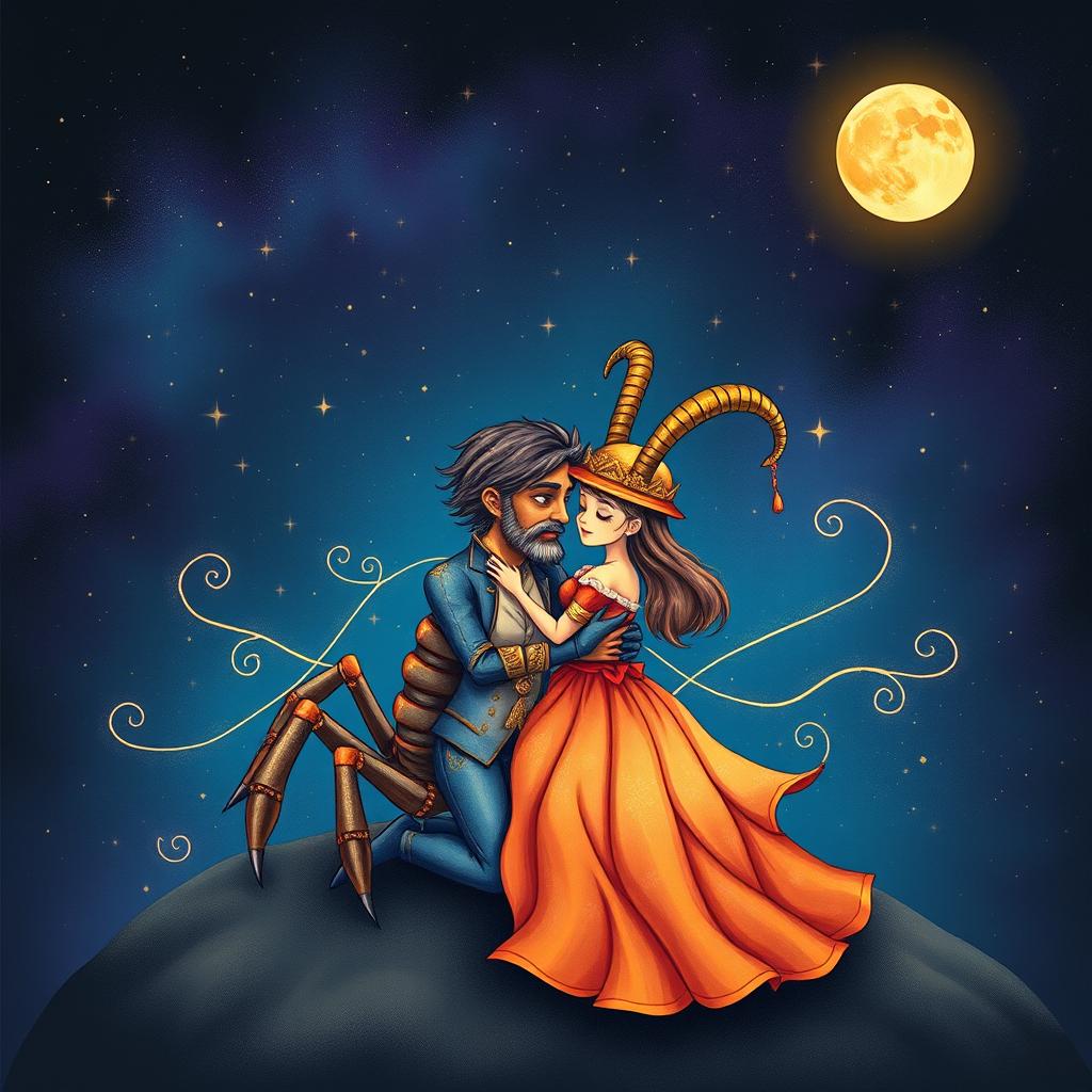 A romantic and whimsical scene depicting a male scorpion and a female Capricorn in love, surrounded by a mystical night sky filled with twinkling stars and a glowing moon