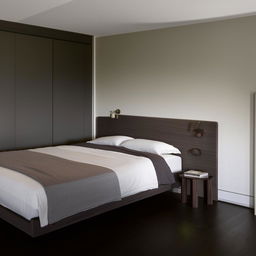 A modern bedroom showcasing contemporary furniture design on a dark wooden floor