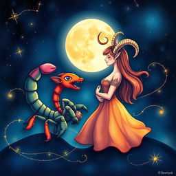 A romantic and whimsical scene depicting a male scorpion and a female Capricorn in love, surrounded by a mystical night sky filled with twinkling stars and a glowing moon