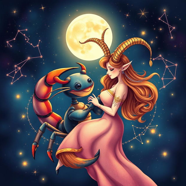 A romantic and whimsical scene depicting a male scorpion and a female Capricorn in love, surrounded by a mystical night sky filled with twinkling stars and a glowing moon