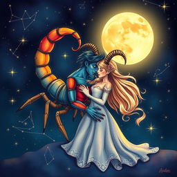 A romantic and whimsical scene depicting a male scorpion and a female Capricorn in love, surrounded by a mystical night sky filled with twinkling stars and a glowing moon