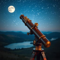 A high-quality image of a classic telescope set against a stunning night sky filled with stars