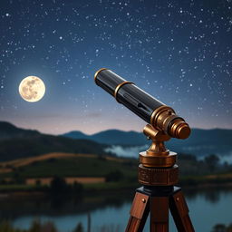 A high-quality image of a classic telescope set against a stunning night sky filled with stars