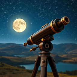 A high-quality image of a classic telescope set against a stunning night sky filled with stars