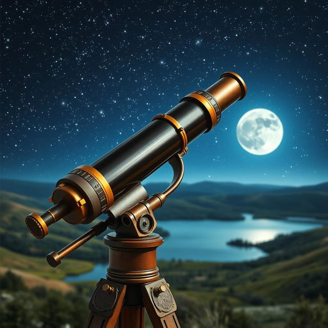 A high-quality image of a classic telescope set against a stunning night sky filled with stars