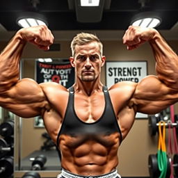 A powerful and muscular bodybuilder in a gym setting, showcasing impressive biceps and a sculpted physique