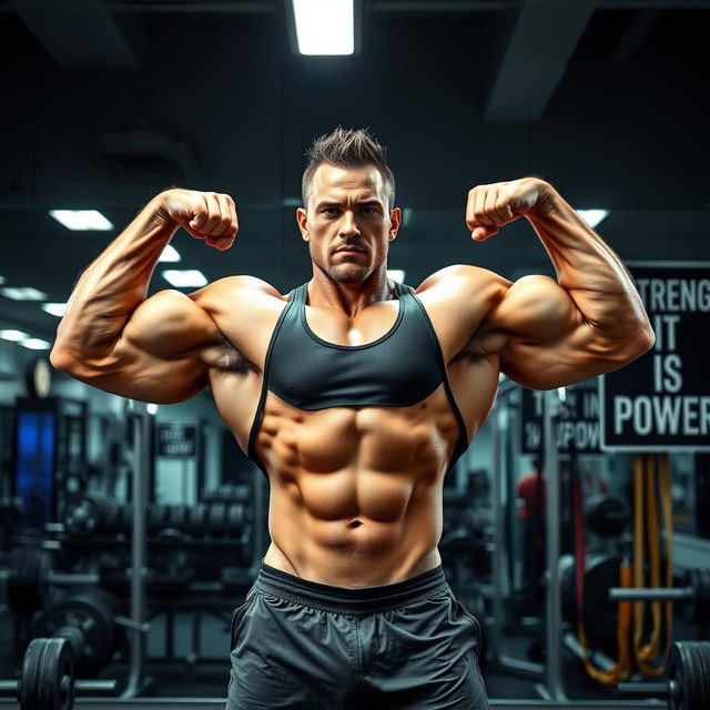 A powerful and muscular bodybuilder in a gym setting, showcasing impressive biceps and a sculpted physique