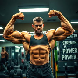 A powerful and muscular bodybuilder in a gym setting, showcasing impressive biceps and a sculpted physique