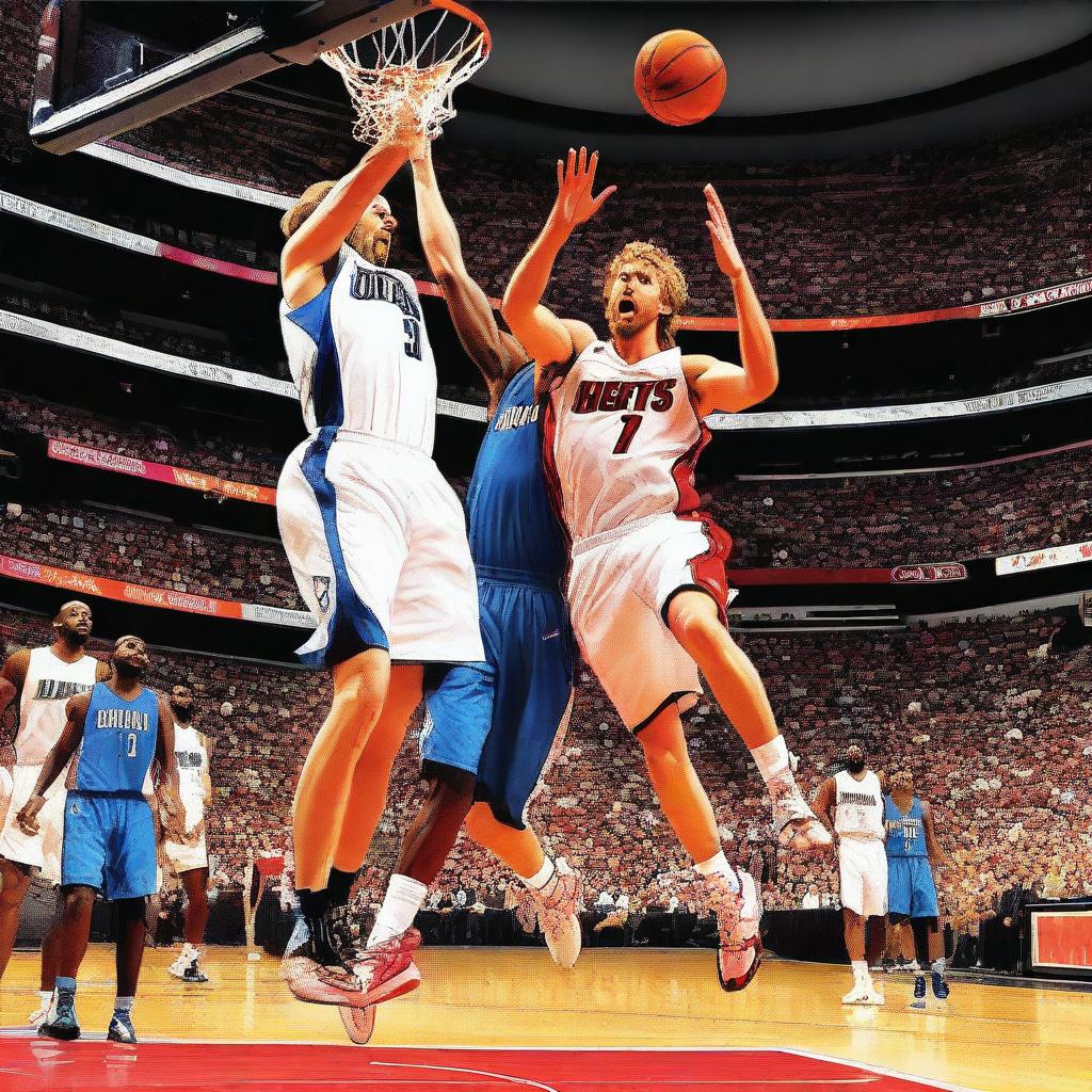 This is a high-quality digital art image portraying a dynamic basketball scene