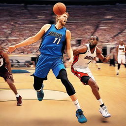 This is a high-quality digital art image portraying a dynamic basketball scene