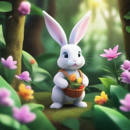 A high-quality, extremely detailed illustration of an Easter bunny embarking on an adventure in a lush jungle