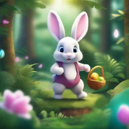 A high-quality, extremely detailed illustration of an Easter bunny embarking on an adventure in a lush jungle