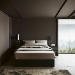 A modern bedroom showcasing contemporary furniture design on a dark wooden floor