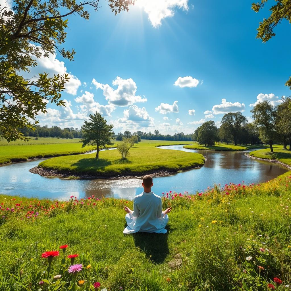 A serene landscape featuring a winding river under a bright blue sky with fluffy white clouds