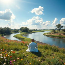 A serene landscape featuring a winding river under a bright blue sky with fluffy white clouds