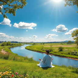 A serene landscape featuring a winding river under a bright blue sky with fluffy white clouds