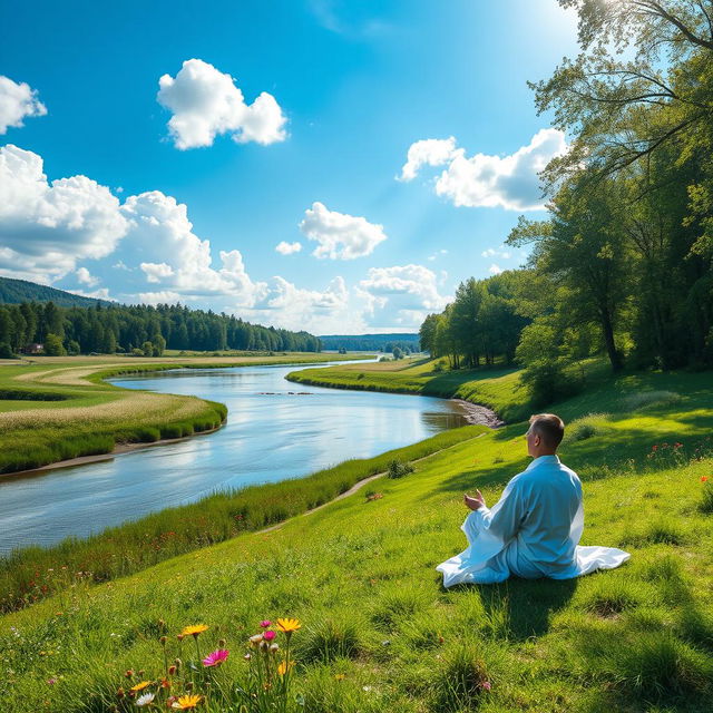 A serene landscape featuring a winding river under a bright blue sky with fluffy white clouds