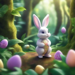 A high-quality, extremely detailed illustration of an Easter bunny embarking on an adventure in a lush jungle